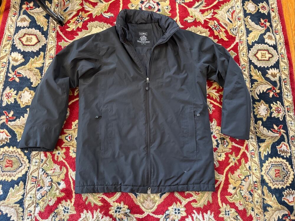 LL Bean Mens L Reg Storable Hood Parka Primaloft Full Zip Jacket Black